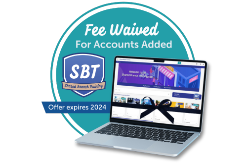 A laptop featuring shared branch training is in front of the words Fee Waived for accounts added. Below the text the SBT or Shared Branch Training logo is shown with a disclaimer that reads offer expires 2024.